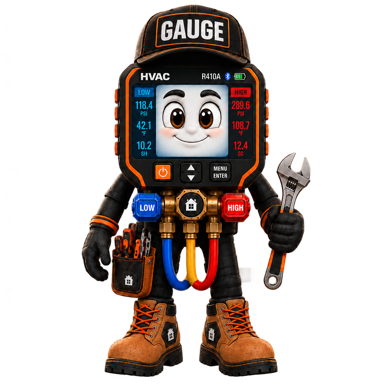 Gauge, a friendly digital HVAC manifold mascot wearing a Gauge hat